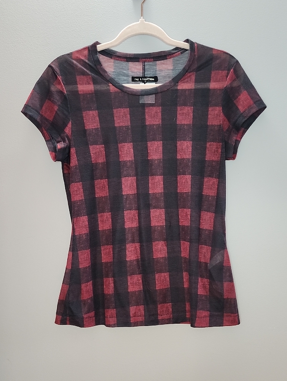 RAG & BONE Black and Red Plaid Short sheer Sleeve Tee